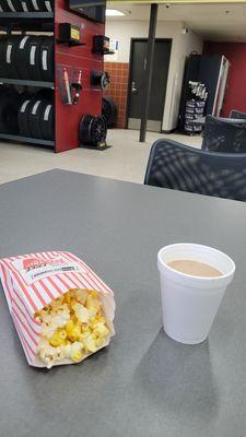 Complimentary coffee and popcorn.