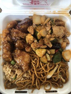 Orange Chicken, Kung Pao chicken, 1/2 chow Mein, 1/2 fried rice