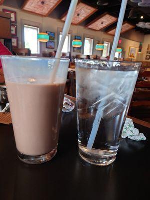 Large chocolate milk & water