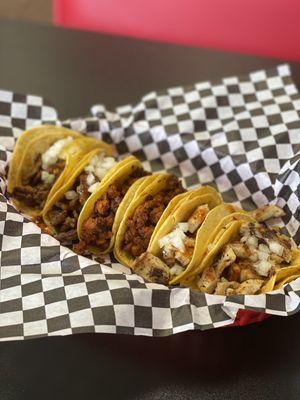 From left to right - Steak fajita, chorizo, chicken fajita street tacos! All excellent!