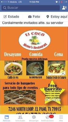 Nuestra promoción de : el la compra de 2 Burritos  te llevas un Burritos de desayuno gratis, mostrando el cupón.