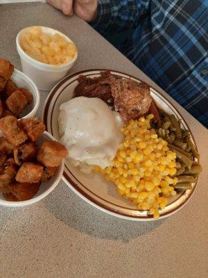 Roast beef, fried okra, mashed potatoes, and veggies!