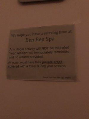 Sign in room that says ALL PRIVATE AREAS must be covered