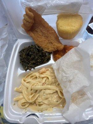 Shrimp pasta, greens, yams, cornbread muffin, fish