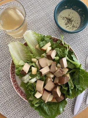 Cubed Organic Dried Bean Curds+chopped pink lady apples+ Roman heart lettuce with dressing sprinkled with dill weed and celery seeds