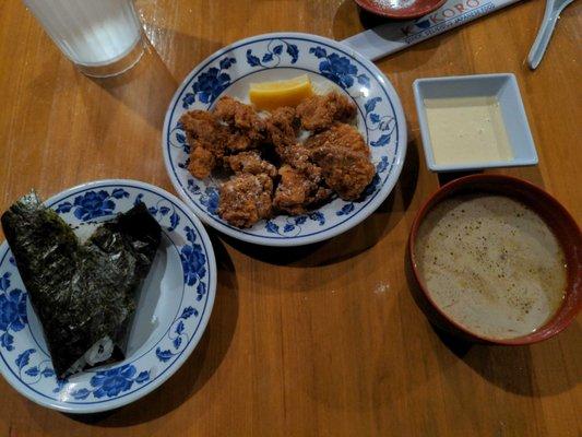 Chicken Kara'age, Forest Child Soup, and Onigiri.