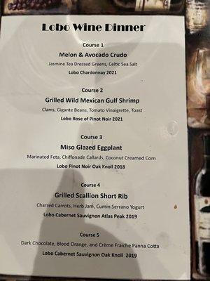 June 15, 2023 wine dinner menu