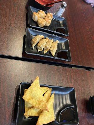 Appetizers shumai, Gyoza, Crab Rangoon