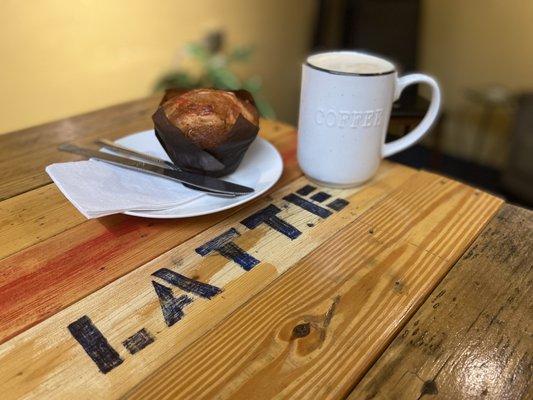 Strawberry cream cheese muffin and hot lavender latte.