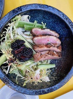 Frisée, persian cucumber, strawberries in kosho, pink peppercorn dressing