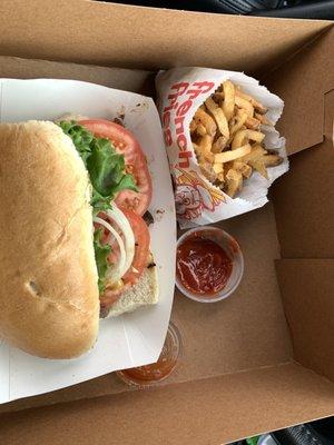 Sirloin Steak sandwich and hand-cut fries. Notice the box. Our meal came in it due to COVID-19.