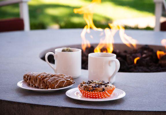 Enjoy your pastries and warm drinks by the fire pit.