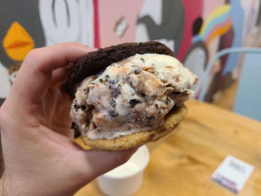 Inception ice cream sandwich (Chocolate Chip/Double Fudge Cookies filled with cookie monster ice cream)