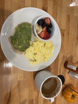 eggs, avocado toast, fruit