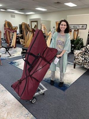 Happy Harpist with her New Dusty Strings Ravenna 34 lever harp, with case and dolly!