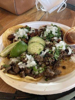 Spicy pastor tacos and carne asada tacos-delicious!