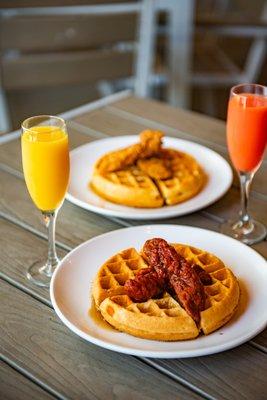 Nashville Hot Chicken and Waffle with Brunch Cocktail