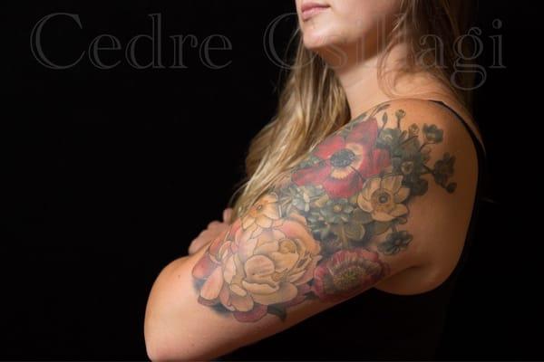 Botanical duplication tattoo by Cedre Csillagi. Photo by Molly Decoudreax Photography.