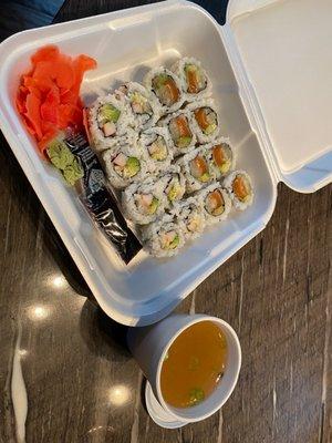 California roll and another roll with ample ginger and wasabi along with a cup of miso soup (lunch special).