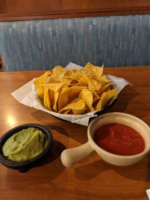 Complimentary chips and salsa plus guacamole dip