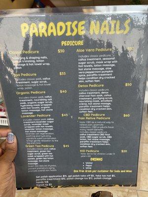 Pedicure menu