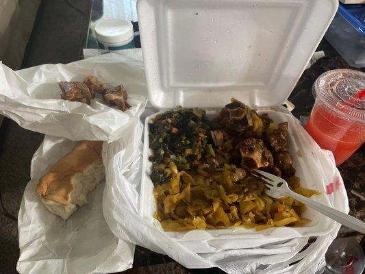 Oxtail medium order , with cabbage, and collard greens . Side order Coco Bread , Fruit Juice blend Fruit Punch $27 all together