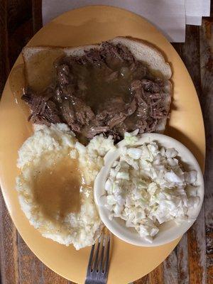 daily special of open-faced beef roast, potatoes with gravy, and coleslaw