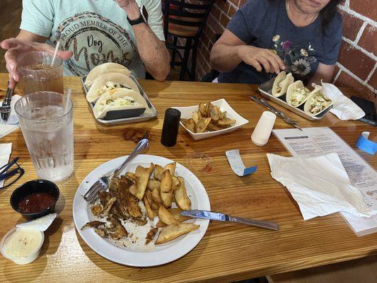 Blackened fish, bang bang shrimp tacos, hot honey tacos