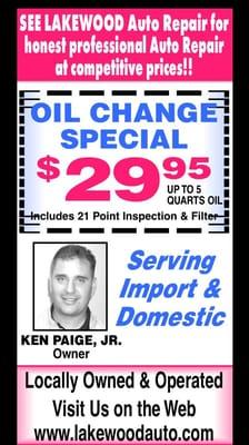 Oil change special for most import and domestic vehicles