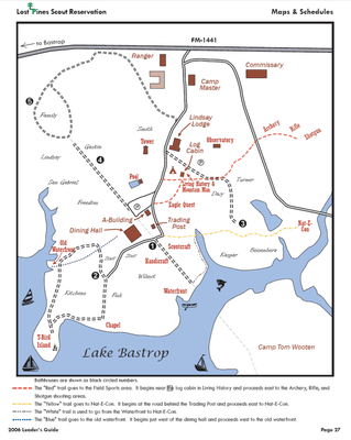 Map of the Scouts part of the park. This is the northwest portion of the Lost Pines Scout Reservation, where the big boys camp.