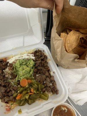 Carne Asada Nachos with Salsa and chips on the side.