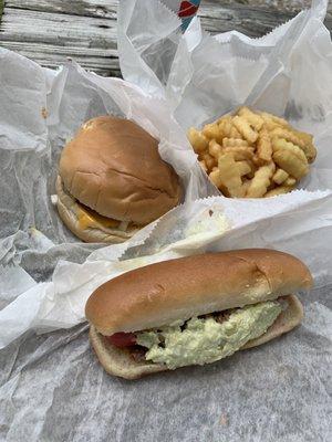 Cheeseburger all the way hotdog all the way with slaw and crinkle cut French fries