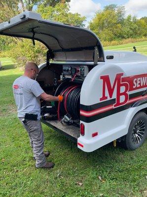 MB Plumbing's sewer jetter ready to clear another line.