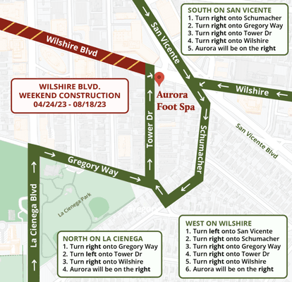 CONSTRUCTION NOTICE Wilshire is blocked until 08/18/23 on Saturday & Sunday. Please follow the map to reach us! Thank you