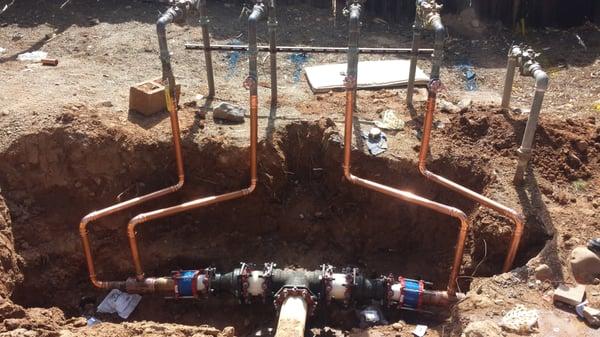 four 2" backflow assemblies into one 6" water line for commercial retirement facility. A repair we made in July