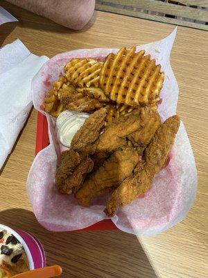 Chicken finger and waffle fries