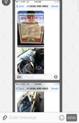 Attached, are screen shots of the photos and text guarantees sent to me from Cowboy Kia.