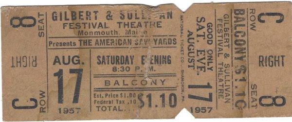 Ticket from the American Savoyards, who called Cumston Hall home for seven years 1953-1959.