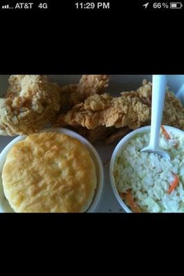 Tenders, biscuit, gravy and Cole Slaw. Yum!