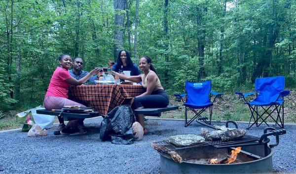 Using the fire pit and having dinner after a long hike