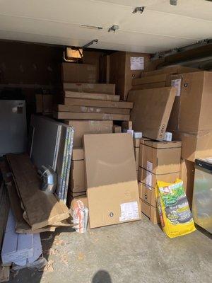 Kitchen Reno Materials taking up space in the garage for couple months. No sign of the stack reducing since they arrived.