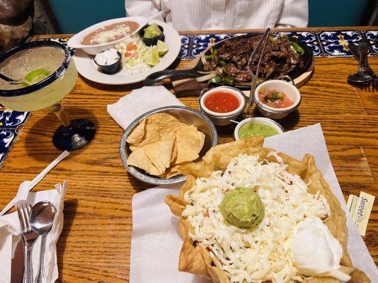 Taco salad and beef fajitas