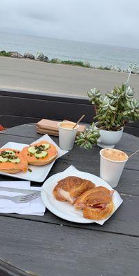 Ham & Cheese Croissant, Lox Bagel and 2 OVERPRICED coffees.