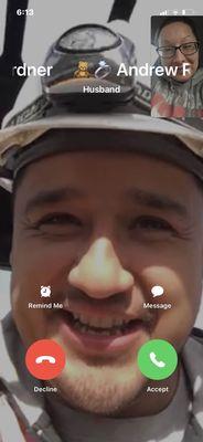 My husband and I FaceTiming during his lunch at work.