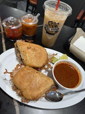 Torta de birria (no cilantro no cebolla) , agua de cebada