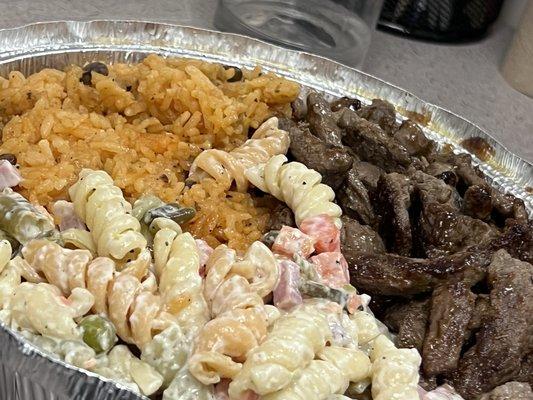 Steak, rice and pasta salad $9