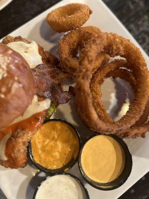 Spicy Fries Crafthouse Chicken Sandwich with onion rings