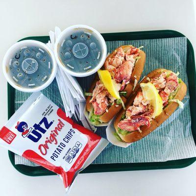 Scotti's lobster rolls w Utz potato chips and Cokes.