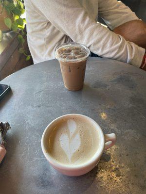 Lavender oatmilk hot latte and salted caramel iced latte