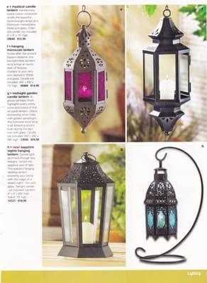 purple mysticalcandle lantern-$12.95 - hanging moroccan lantern-$14.95 - midnight garden table lantern-$24.95- sapphire 16.95